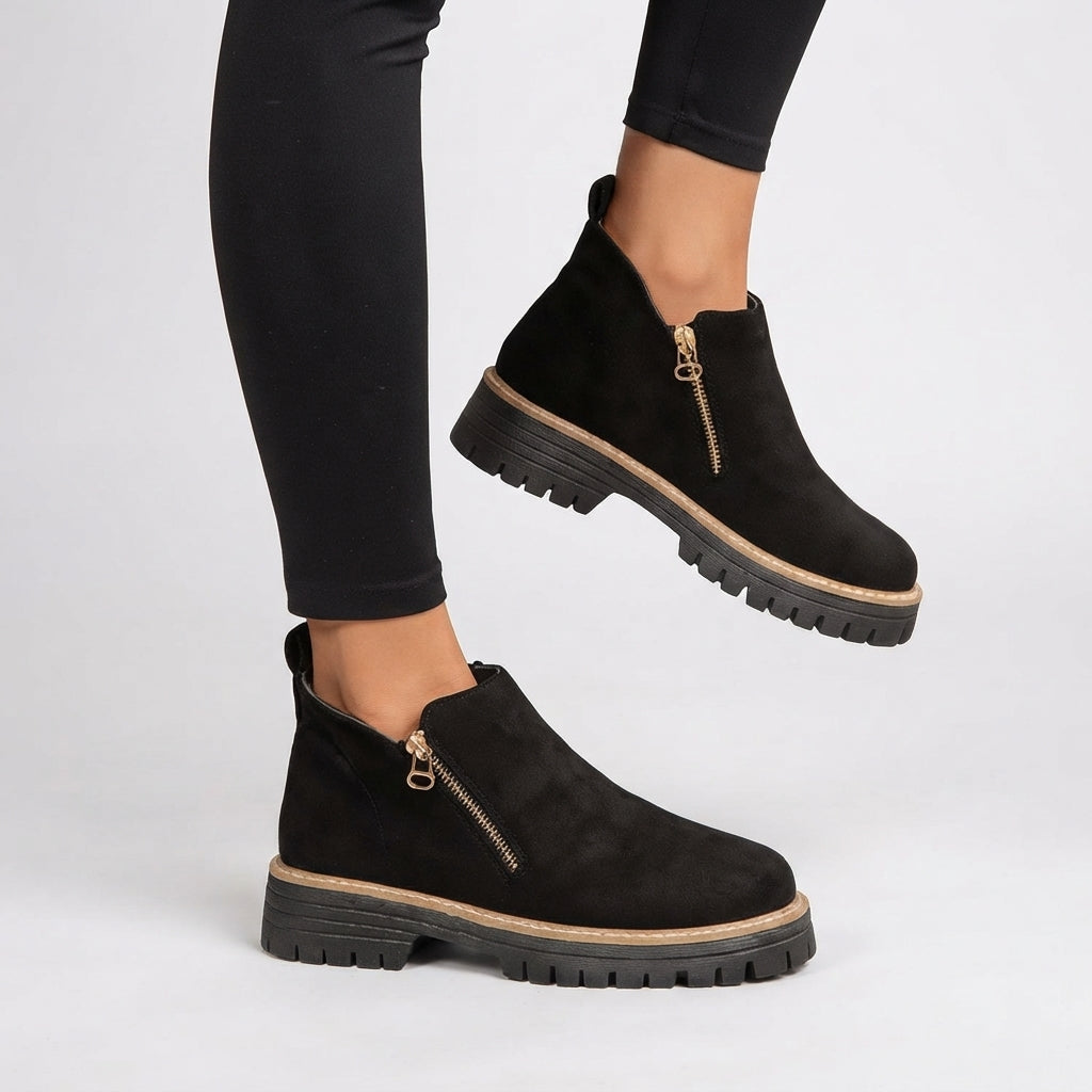 Floriane | Flat Heeled Ankle Boots in Black & Brown