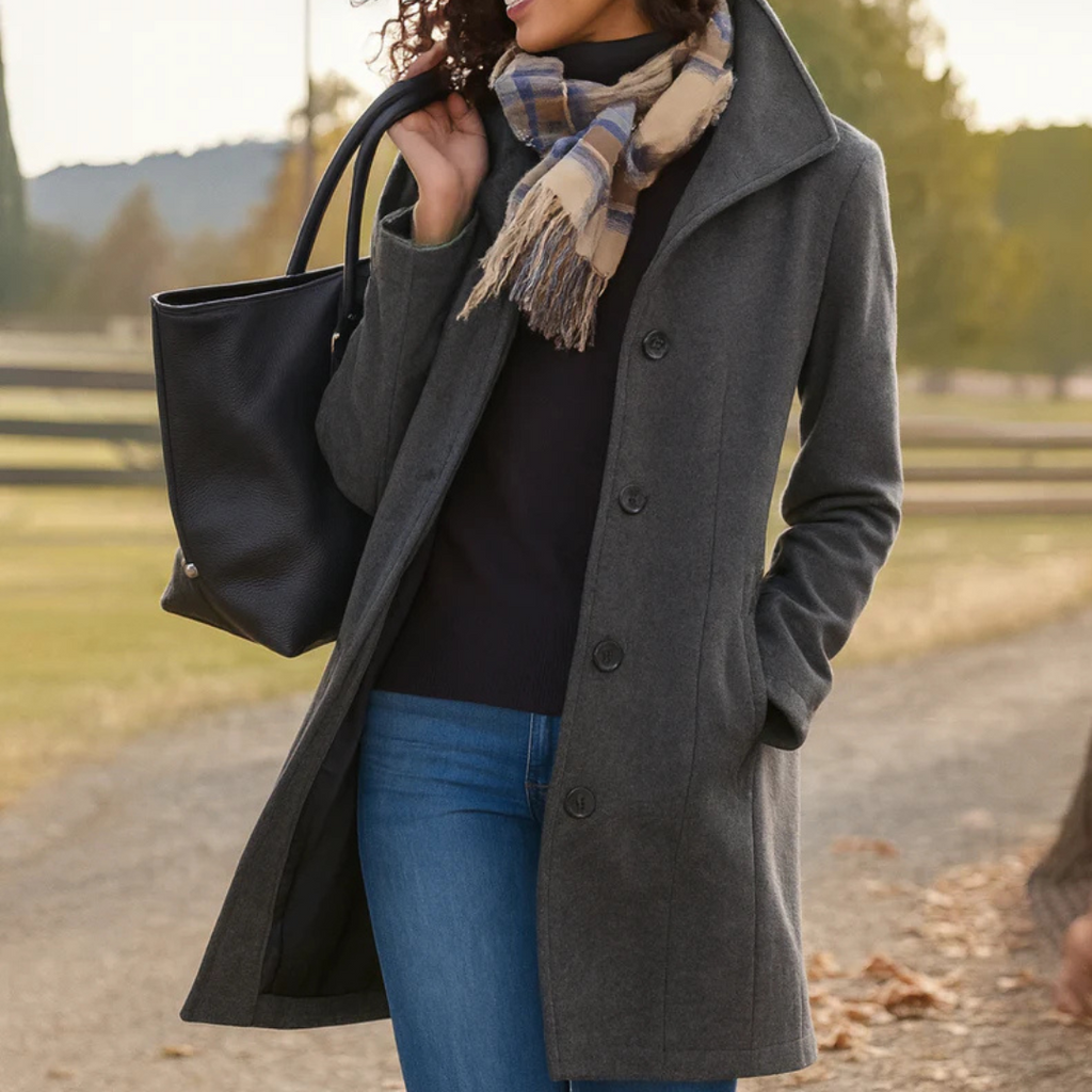 Oceane | Black Long Winter Coat Full Length Button Front — Grey