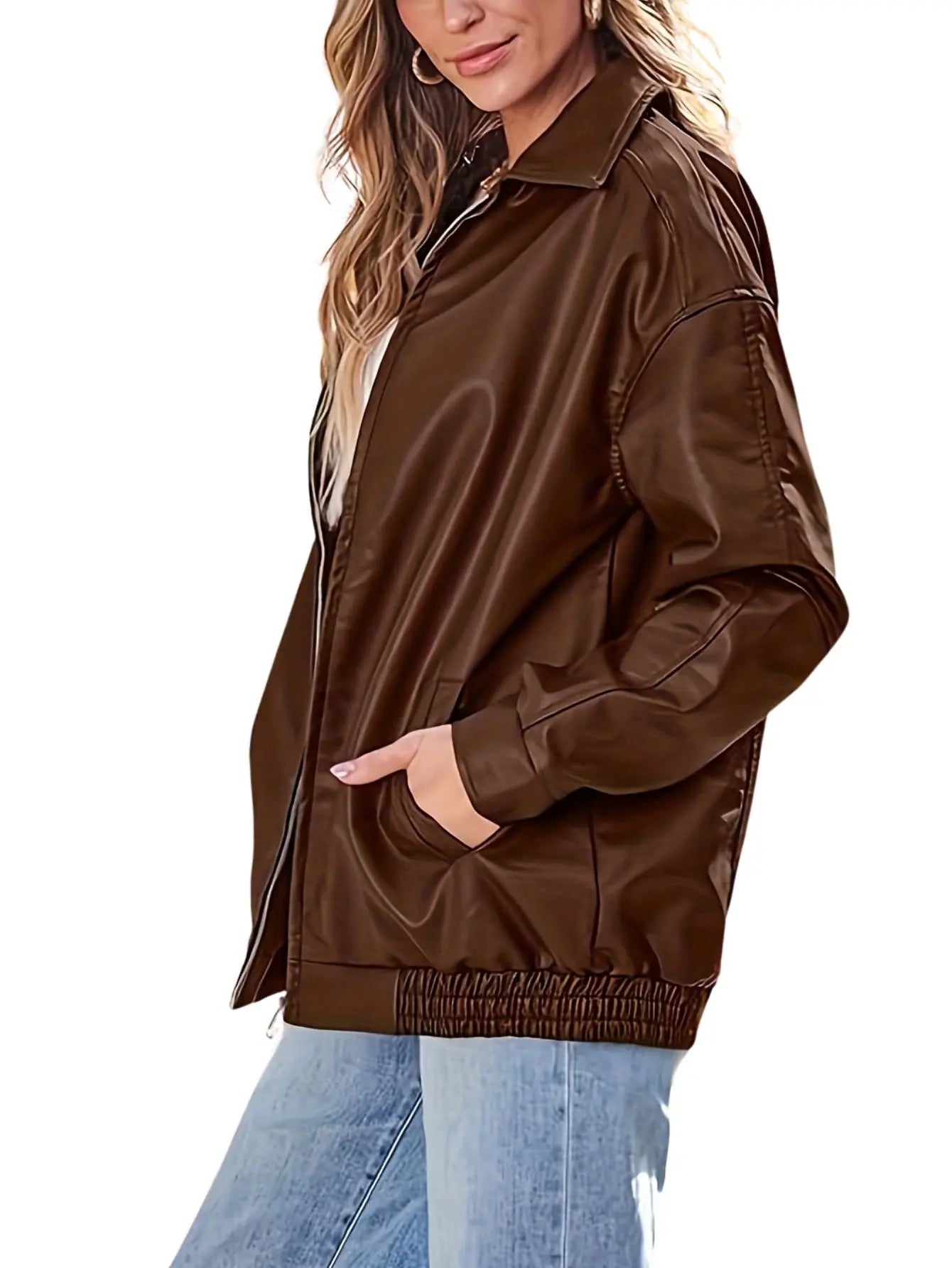 Honorine | Oversized Faux Leather Jacket in Brown Black Olive