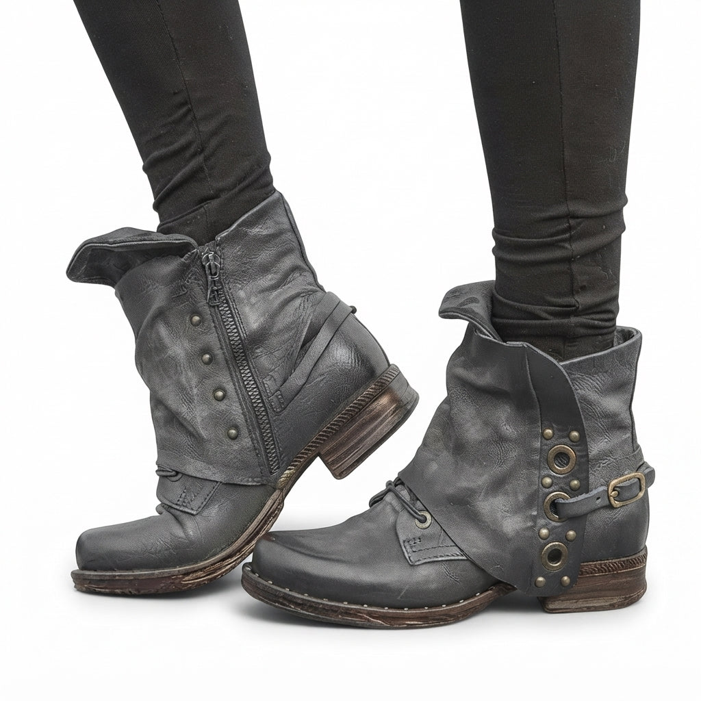 Juliette | Black Leather Chelsea Biker Boots — Grey
