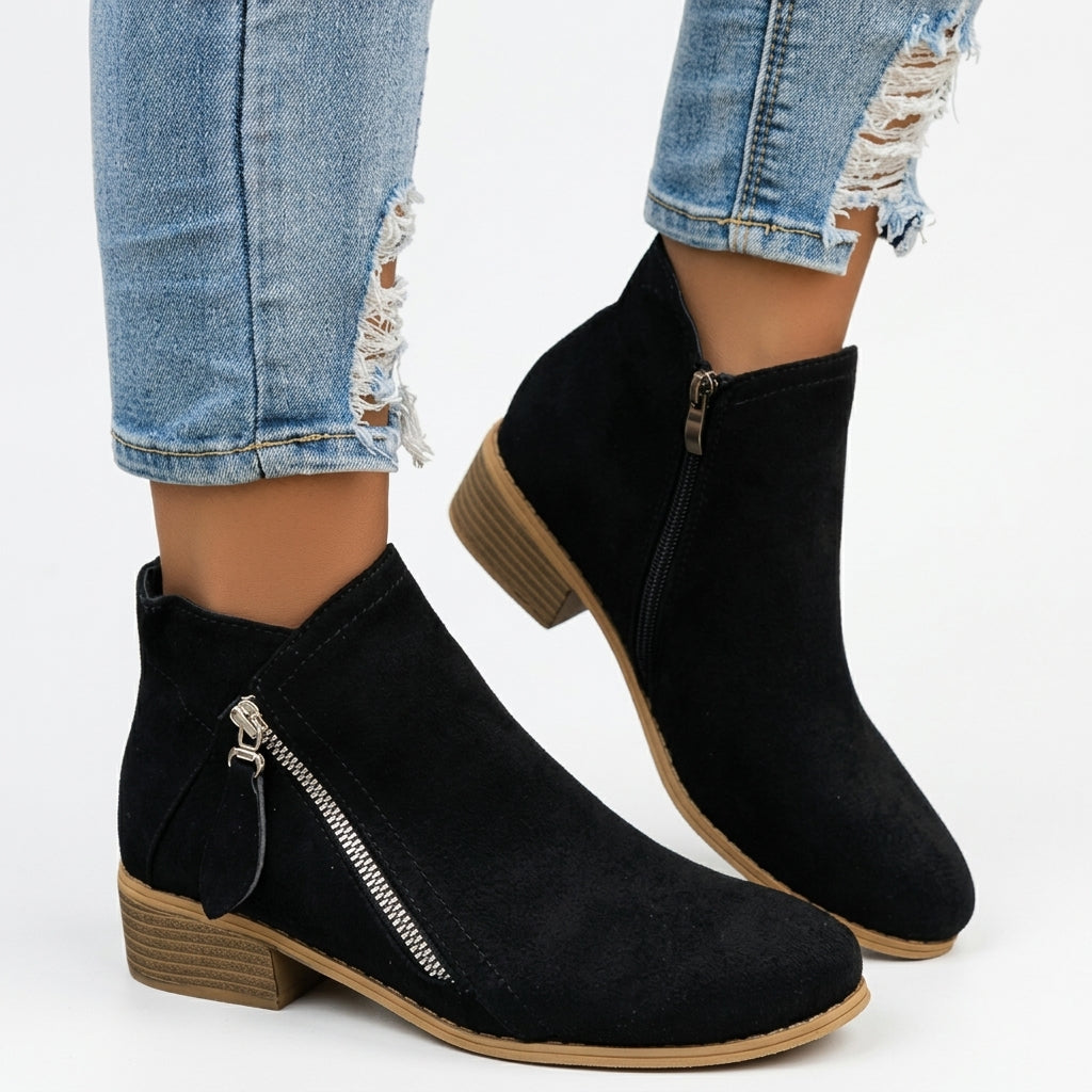 Esmee | Low Heel Black Brown Leather Ankle Boots — Black