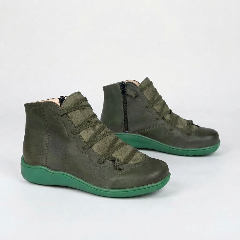 Camille | Low Heeled Black Leather Ankle Boots — Green