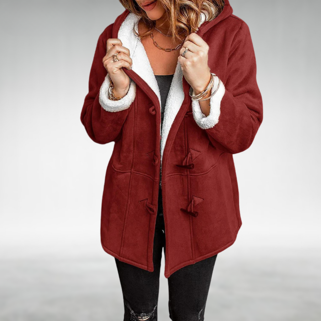 Marguerite | Black Wool Winter Puffer Coat With Fur Hood — Burgundy
