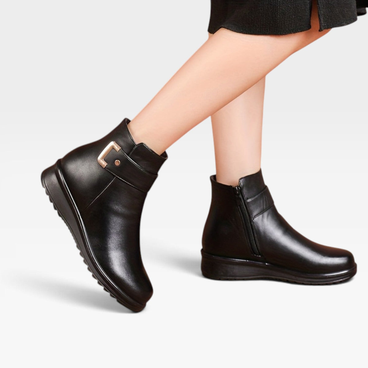 Thalia | Black Leather Low Heel Ankle Boots Flat — Black