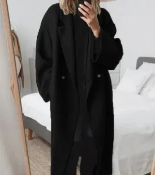 Valentina | Black Oversized Longline Double Breasted Wool Coat — Black
