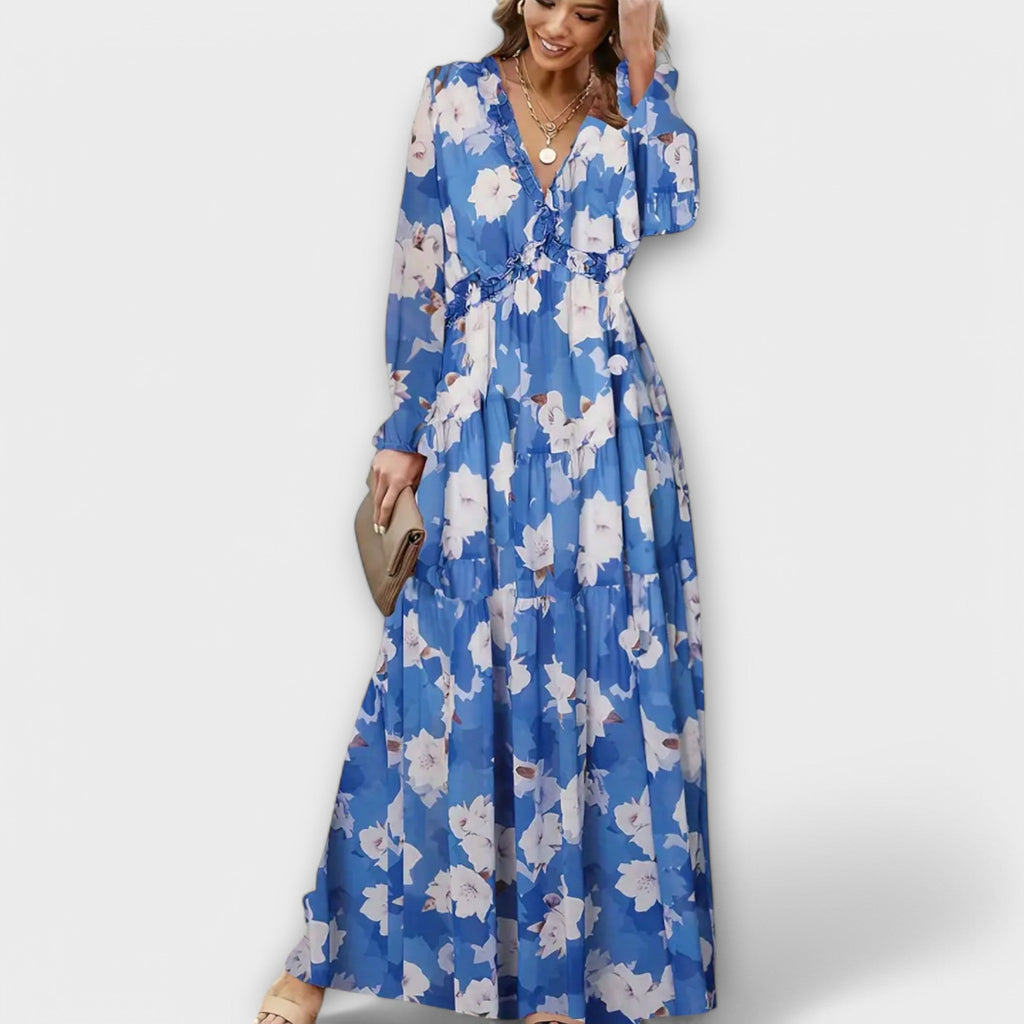 Celestine | Floral V-Neck Pleated Bridesmaid Maxi Dresses