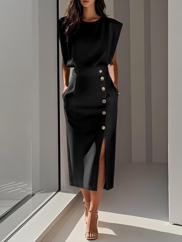Octavia | Women Formal Midi Dress With Button Slit Detail — Black
