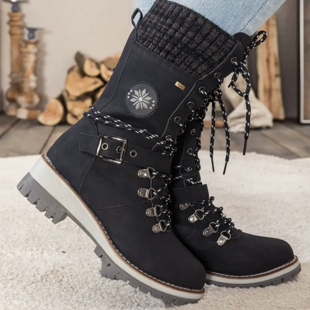 Cordelia | Black Leather Winter Snow Boots With Knit Cuff — Black