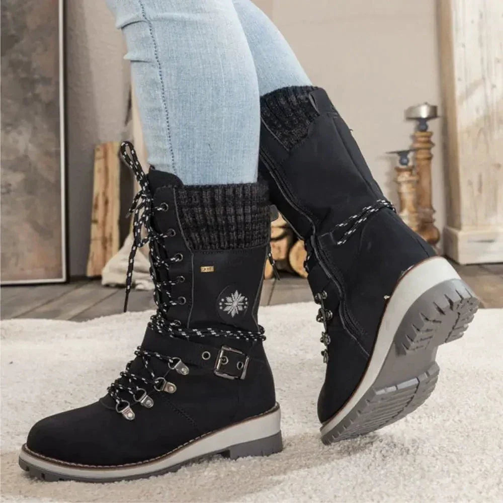 Cordelia | Black Leather Winter Snow Boots With Knit Cuff