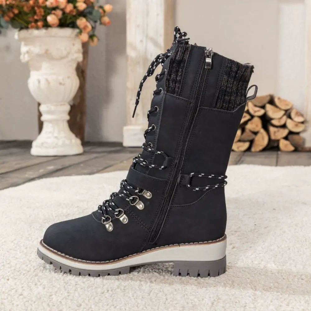 Cordelia | Black Leather Winter Snow Boots With Knit Cuff