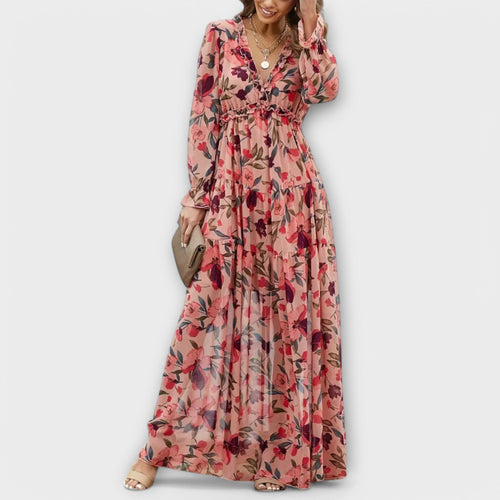 Celestine | Floral V-Neck Pleated Bridesmaid Maxi Dresses