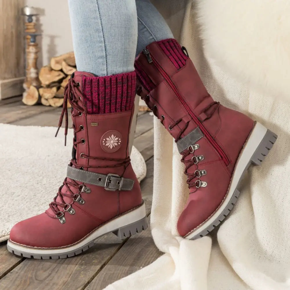 Cordelia | Black Leather Winter Snow Boots With Knit Cuff — Red