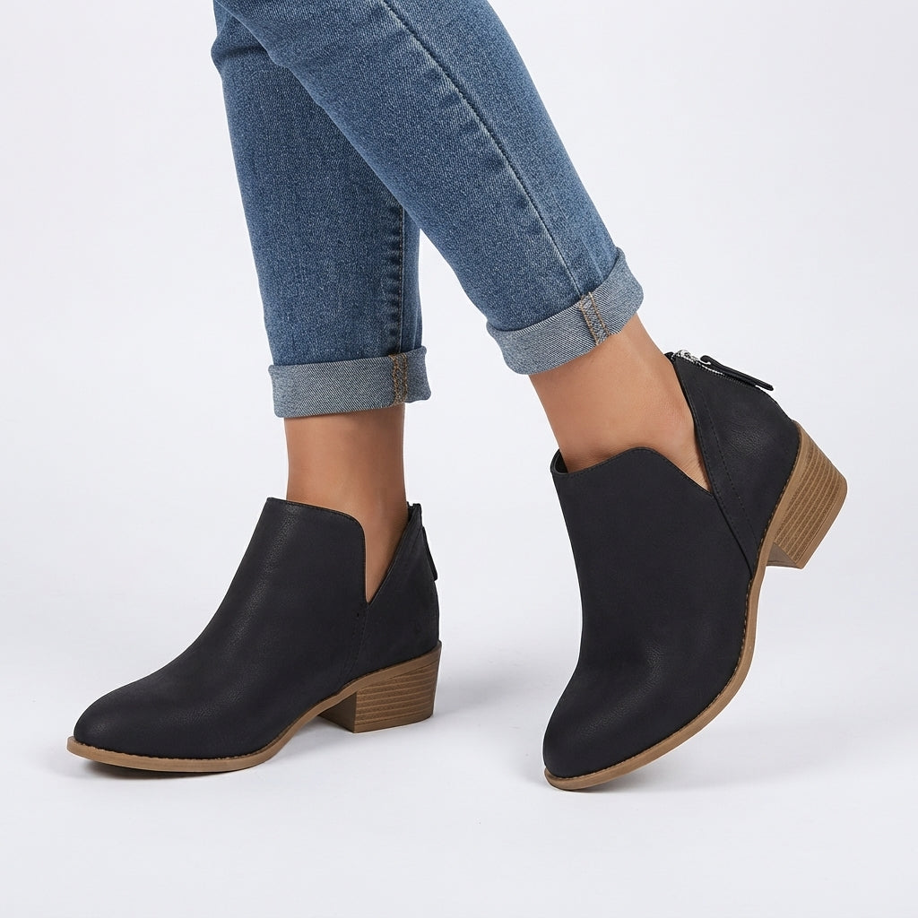 Arabella | Black Leather Low Heel Flat Ankle Boots — Black