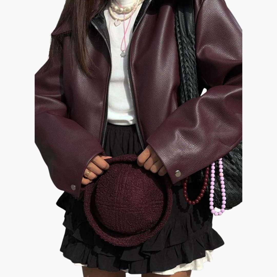 Maelys | Women Burgundy Leather Bomber Jacket