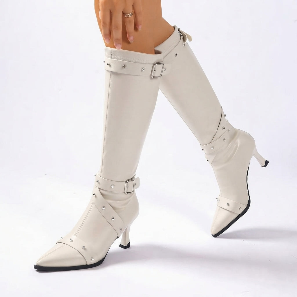 Seraphina | Black Leather Block Heel Knee High Boots