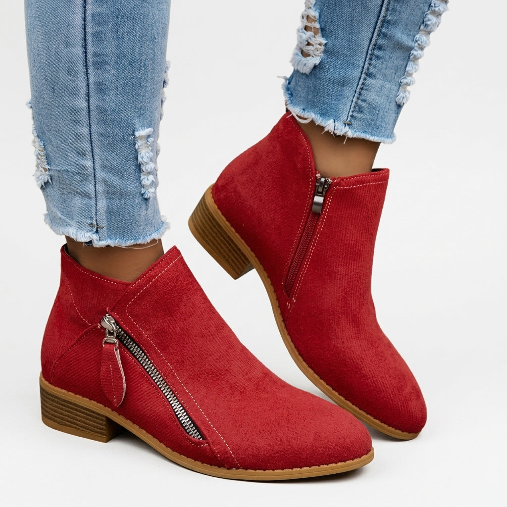 Esmee | Low Heel Black Brown Leather Ankle Boots — Red