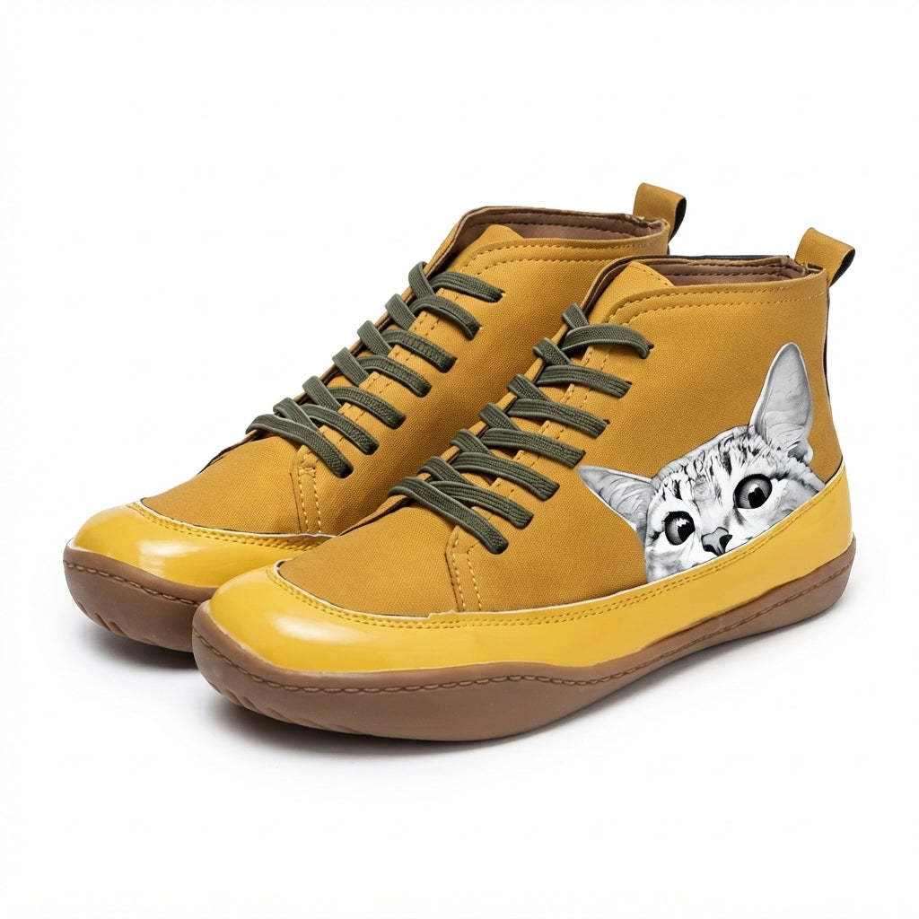 Ursula | Black Brown Heeled Ankle Boots With Cat Print Detail — Yellow