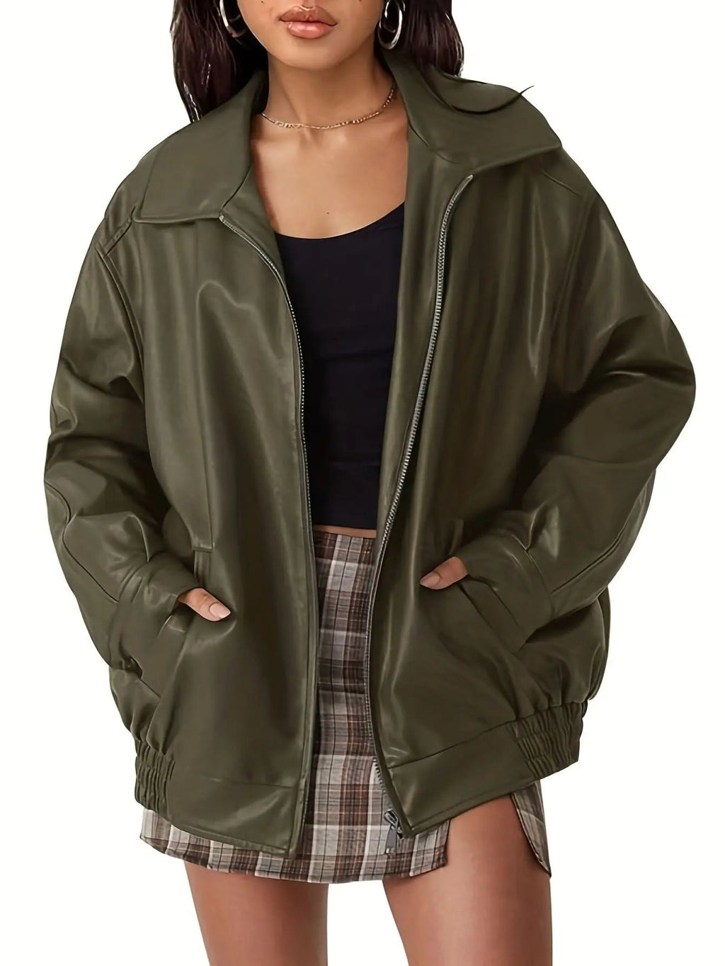 Honorine | Oversized Faux Leather Jacket in Brown Black Olive