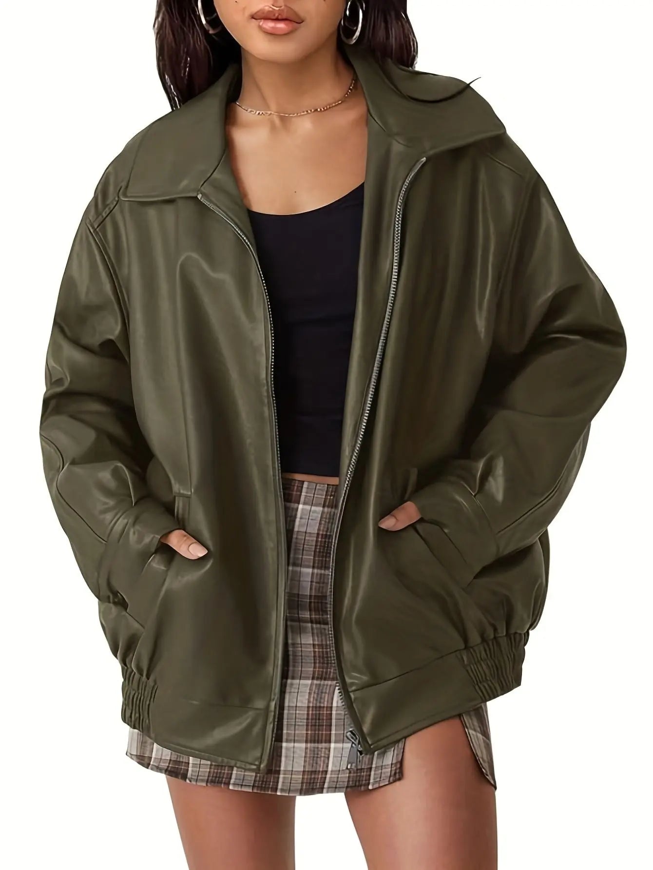 Honorine | Oversized Faux Leather Jacket in Brown Black Olive
