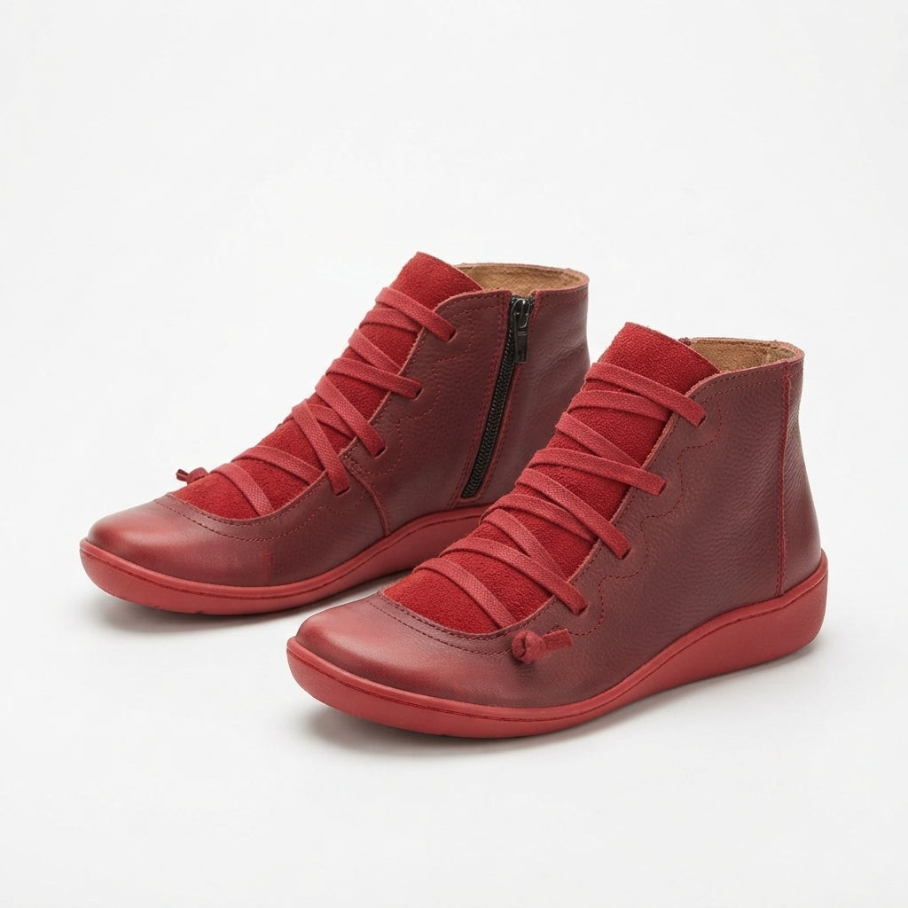 Camille | Low Heeled Black Leather Ankle Boots — Red