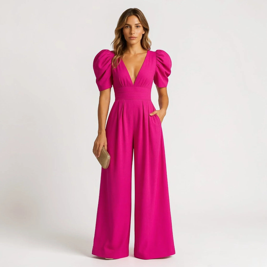 Vivienne | Wide Leg Casual Tailored Puff Sleeve Jumpsuit