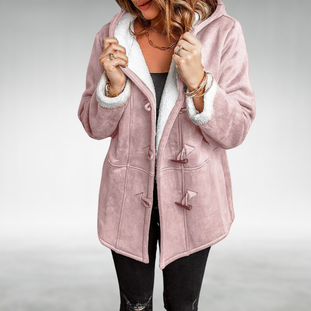 Marguerite | Black Wool Winter Puffer Coat With Fur Hood — Pink