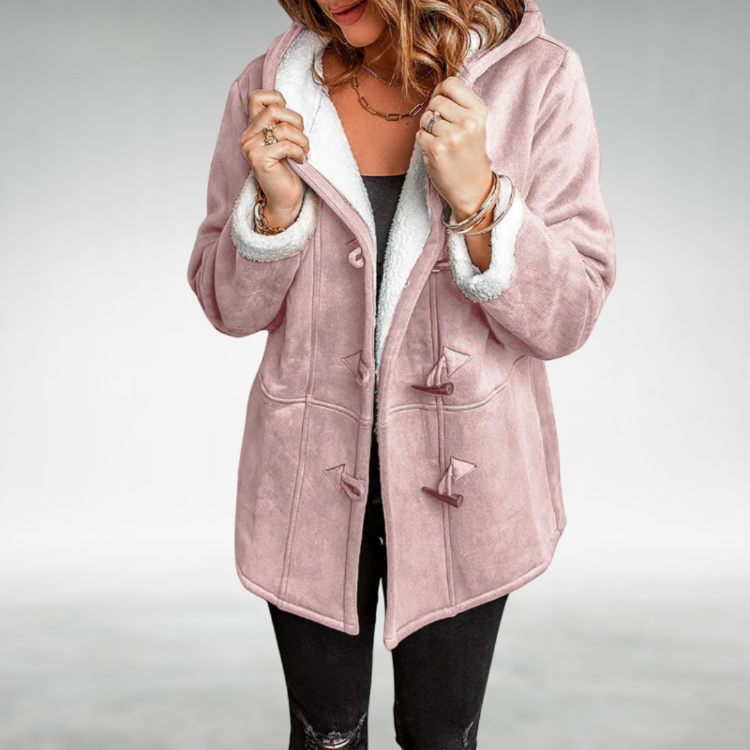 Marguerite | Black Wool Winter Puffer Coat With Fur Hood — Pink