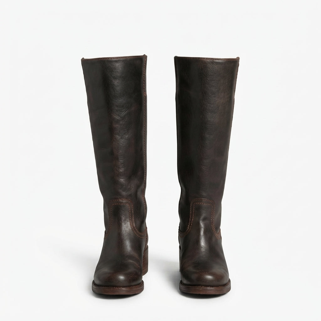 Lavinia | Black Leather Knee High Wide Fit Boots — Dark Brown