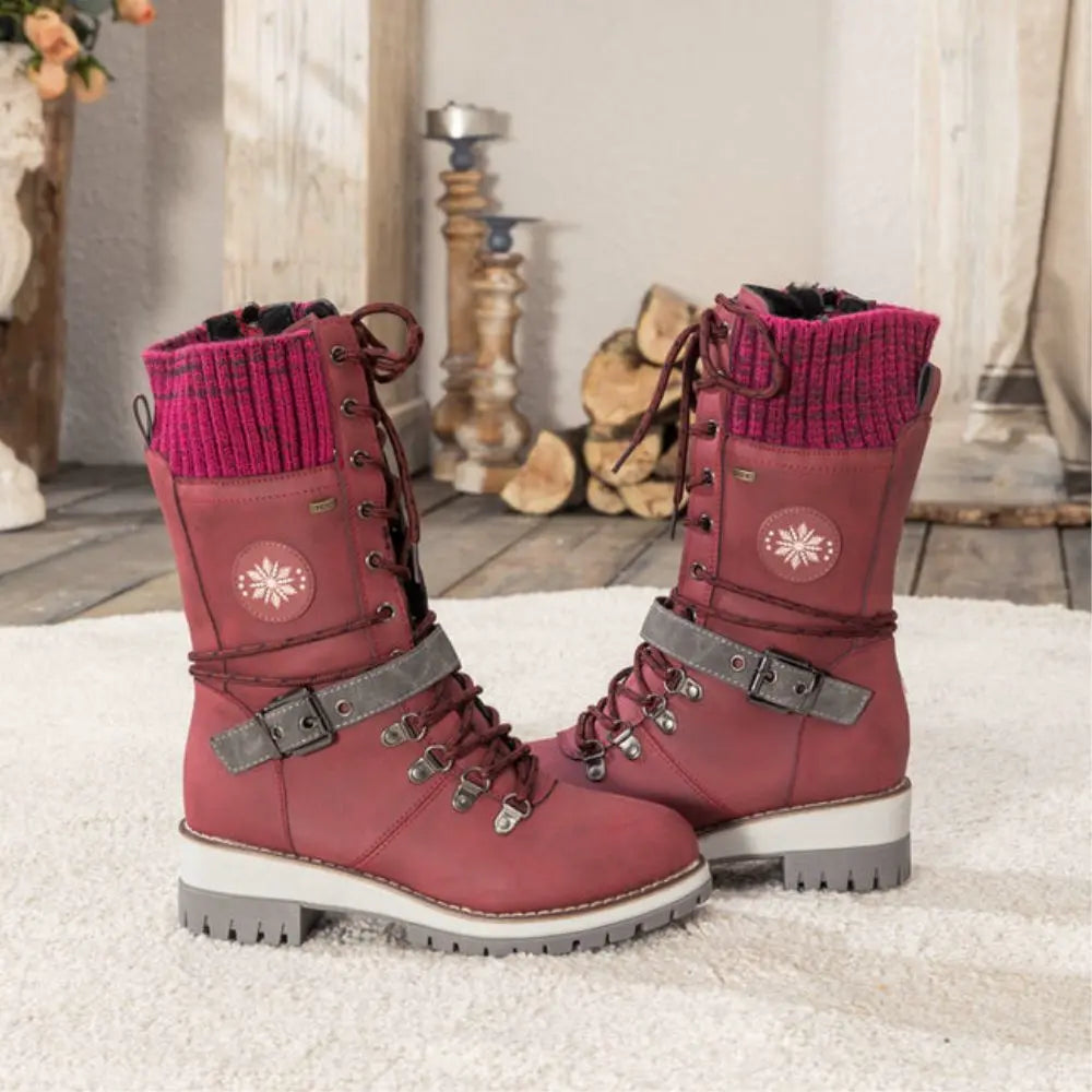 Cordelia | Black Leather Winter Snow Boots With Knit Cuff