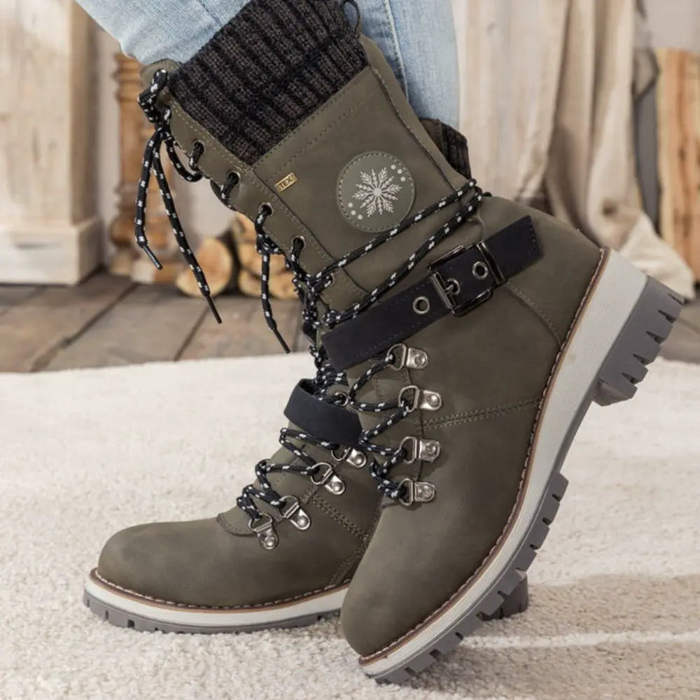 Cordelia | Black Leather Winter Snow Boots With Knit Cuff — Green