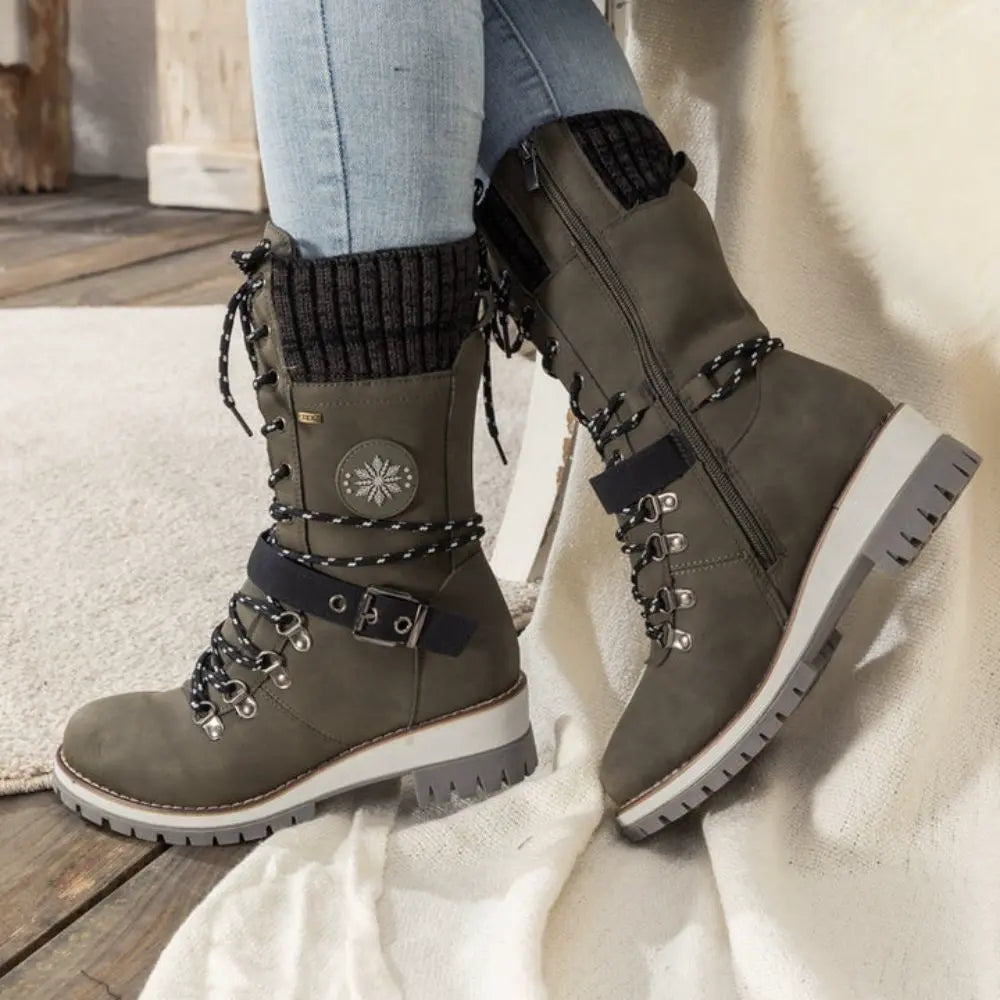 Cordelia | Black Leather Winter Snow Boots With Knit Cuff