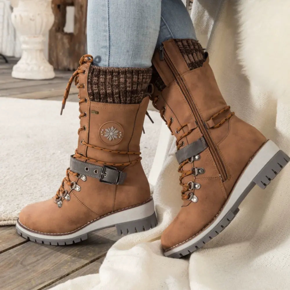 Cordelia | Black Leather Winter Snow Boots With Knit Cuff — Brown