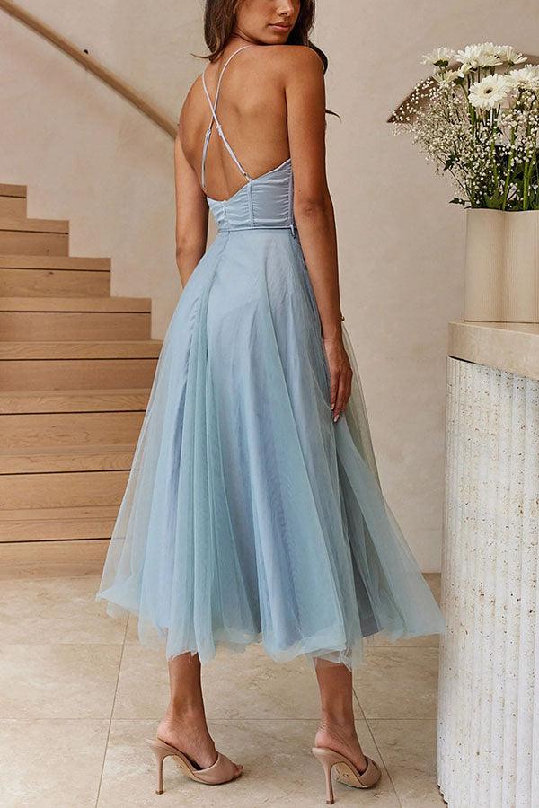Amandine | White Tulle Corset Midi Dress Sweetheart Neckline