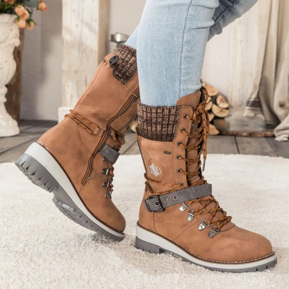 Cordelia | Black Leather Winter Snow Boots With Knit Cuff