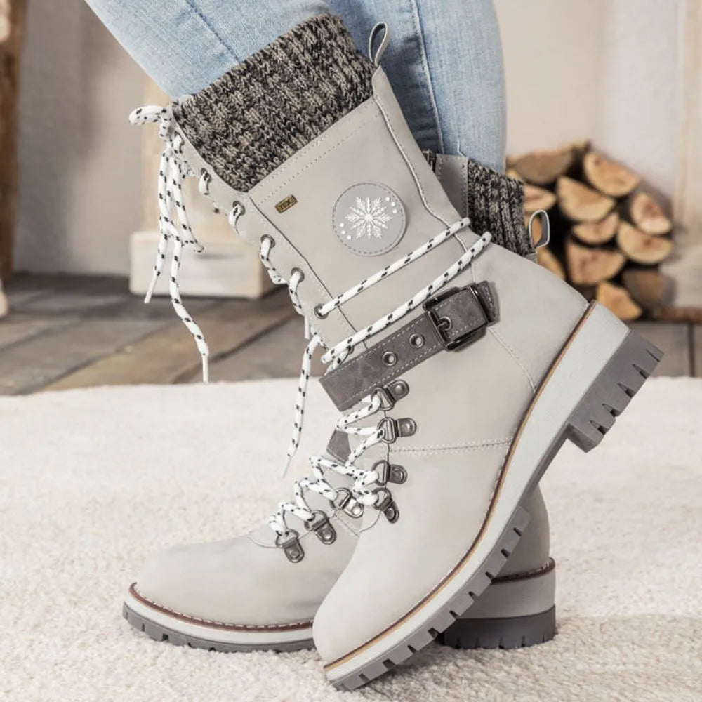 Cordelia | Black Leather Winter Snow Boots With Knit Cuff — Light Gray