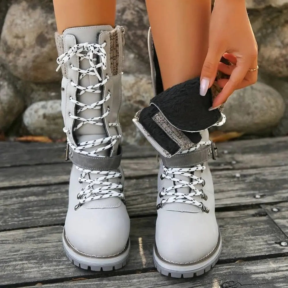 Cordelia | Black Leather Winter Snow Boots With Knit Cuff