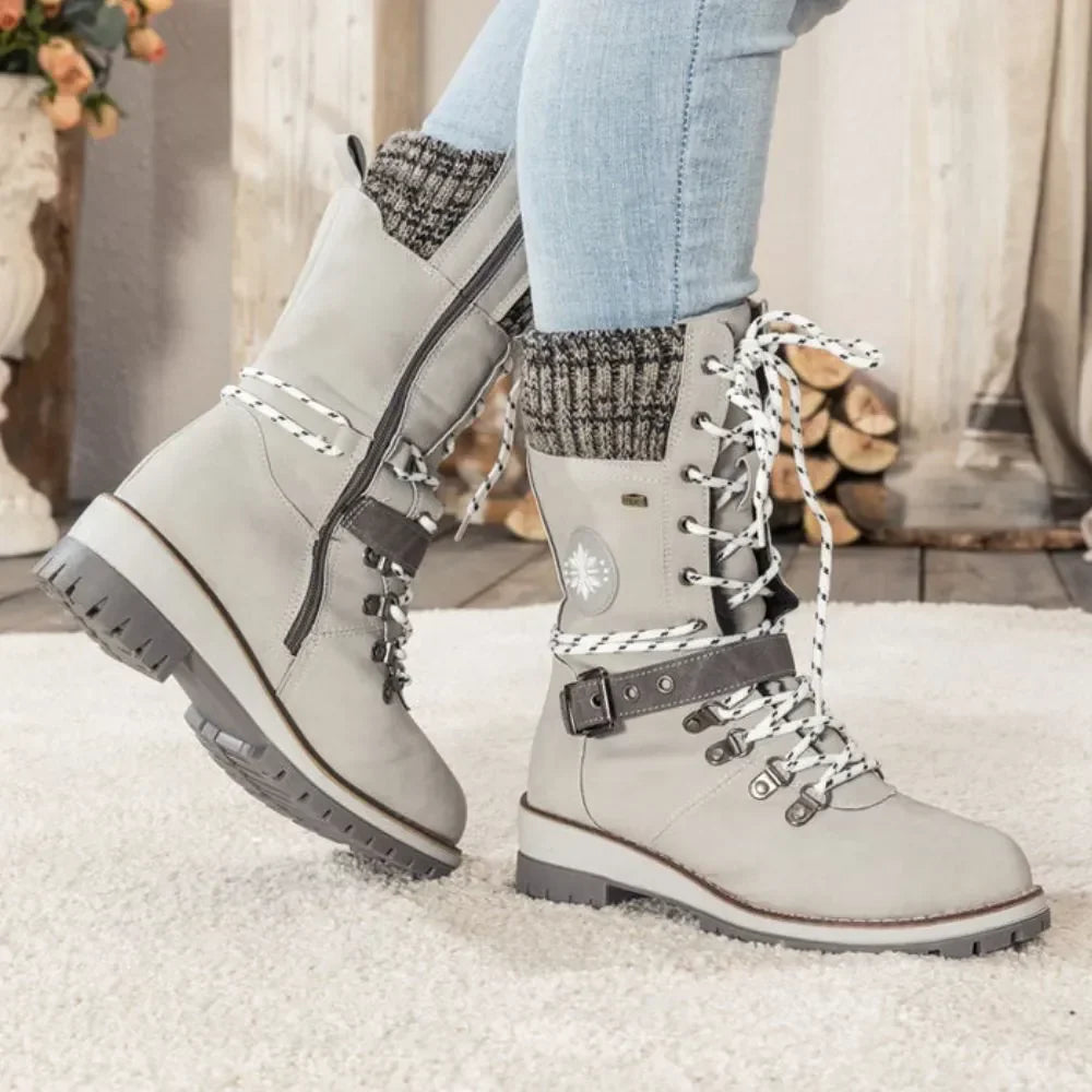 Cordelia | Black Leather Winter Snow Boots With Knit Cuff