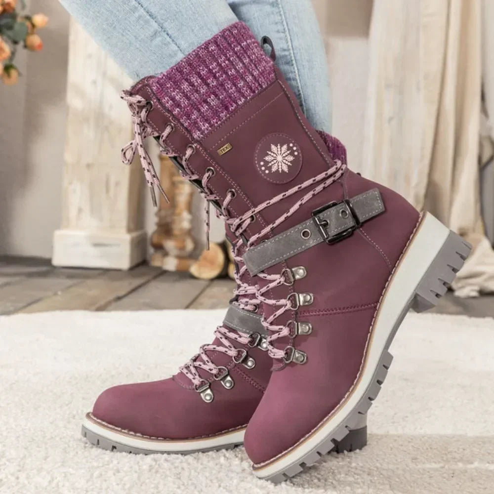 Cordelia | Black Leather Winter Snow Boots With Knit Cuff — Purple