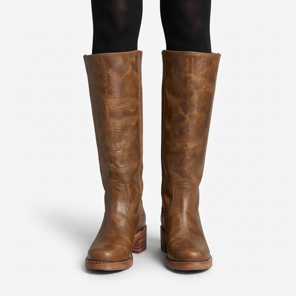 Lavinia | Black Leather Knee High Wide Fit Boots — Brown