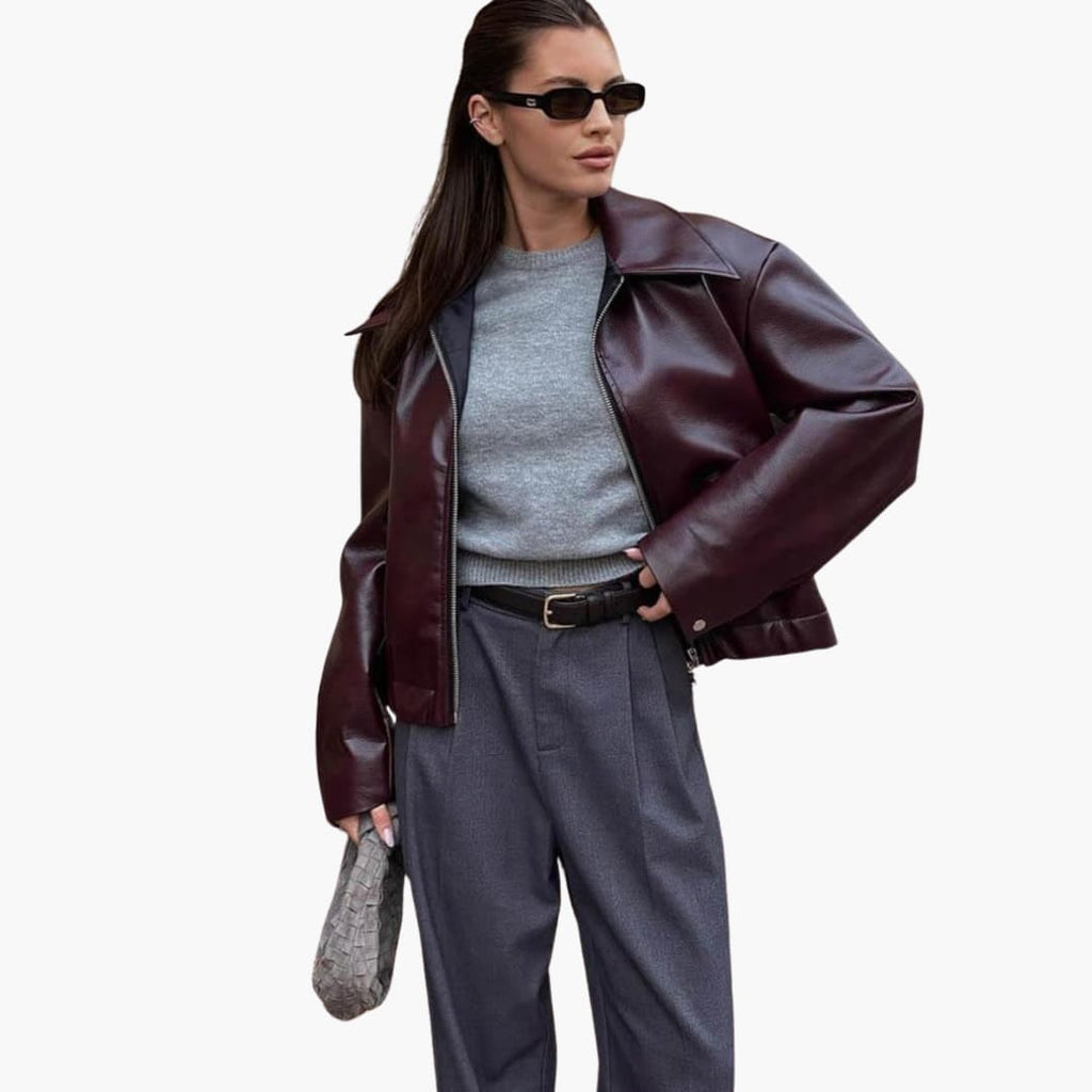 Maelys | Women Burgundy Leather Bomber Jacket