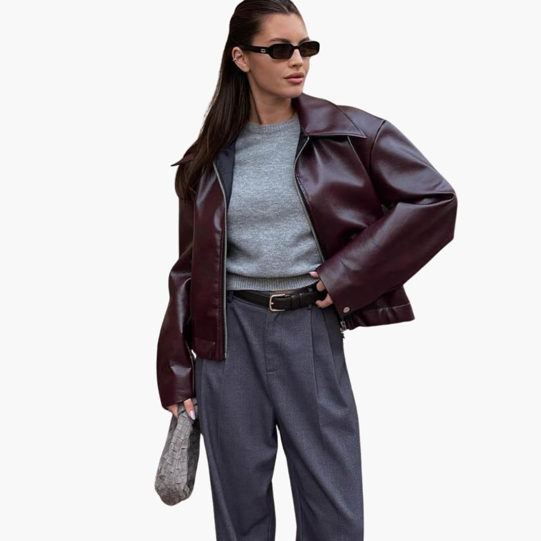 Maelys | Women Burgundy Leather Bomber Jacket