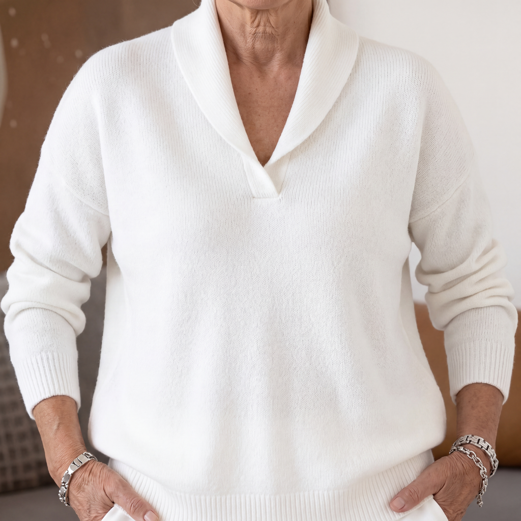 Cordelia | Cashmere Wool V Neck Roll Jumper Winter Knitwear — White