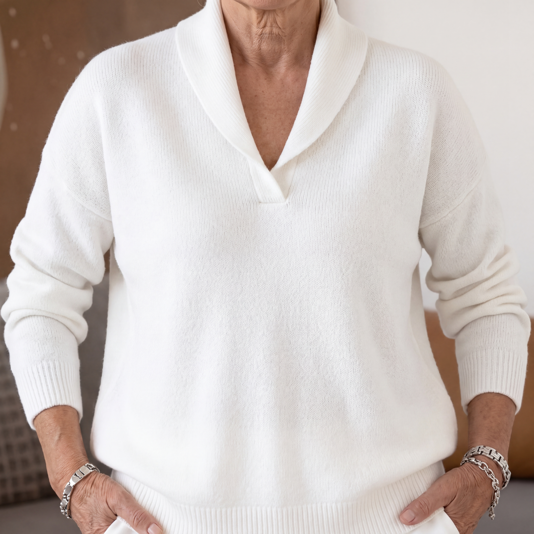 Cordelia | Cashmere Wool V Neck Roll Jumper Winter Knitwear — White