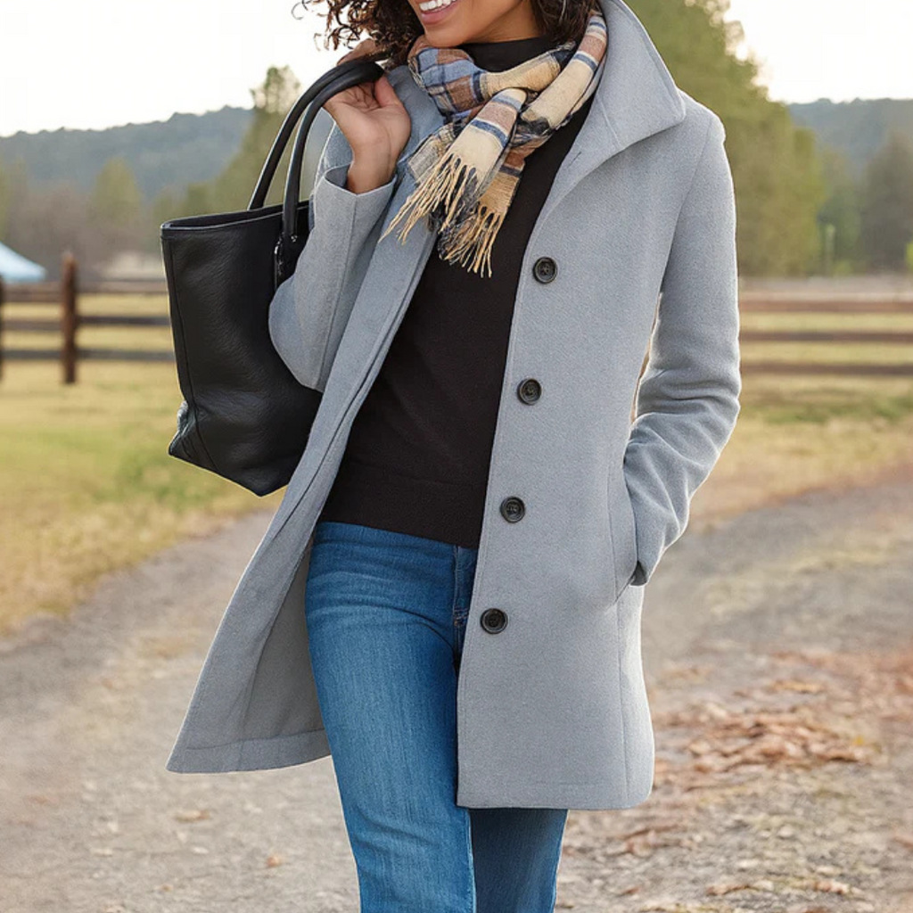 Oceane | Black Long Winter Coat Full Length Button Front — Light Grey