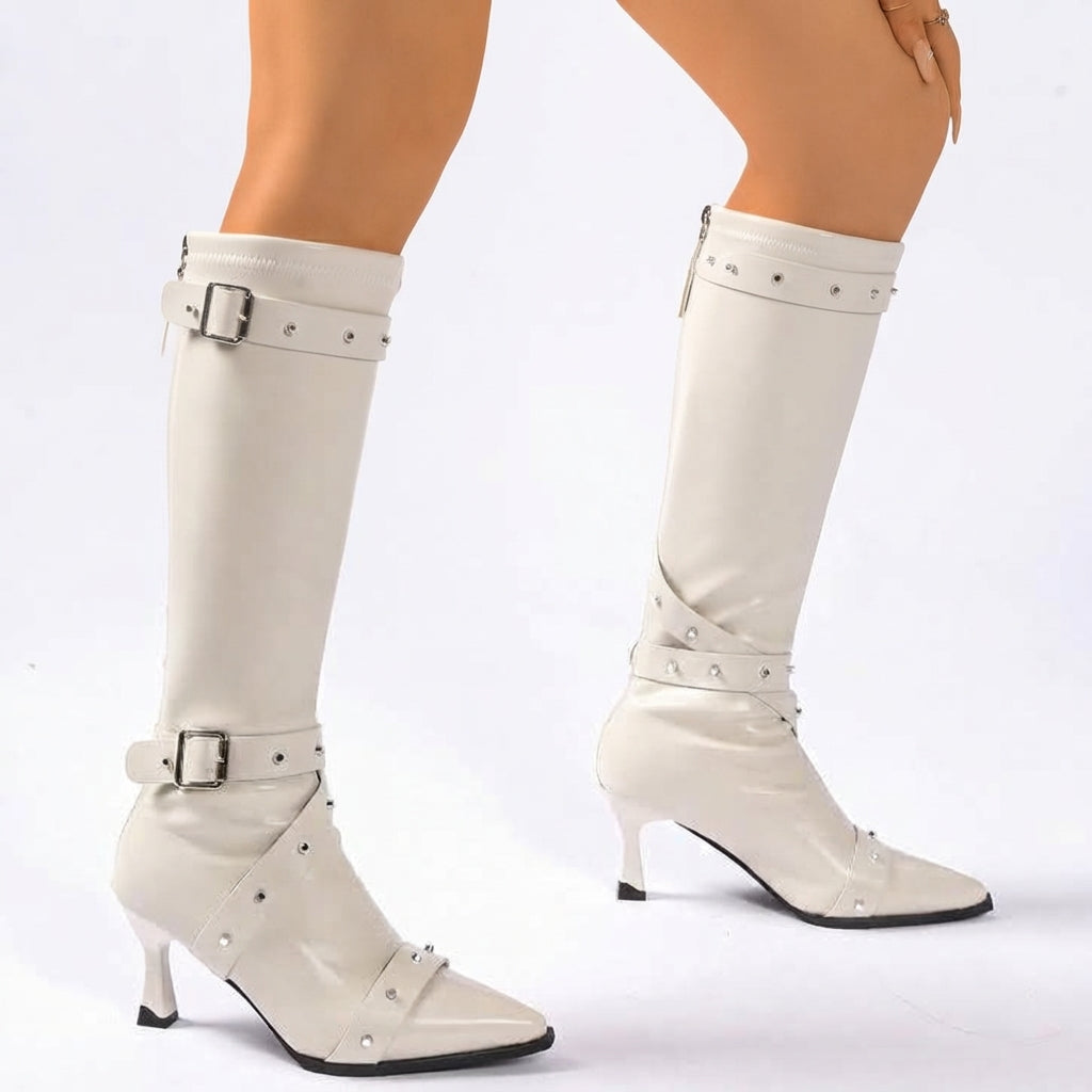 Seraphina | Black Leather Block Heel Knee High Boots