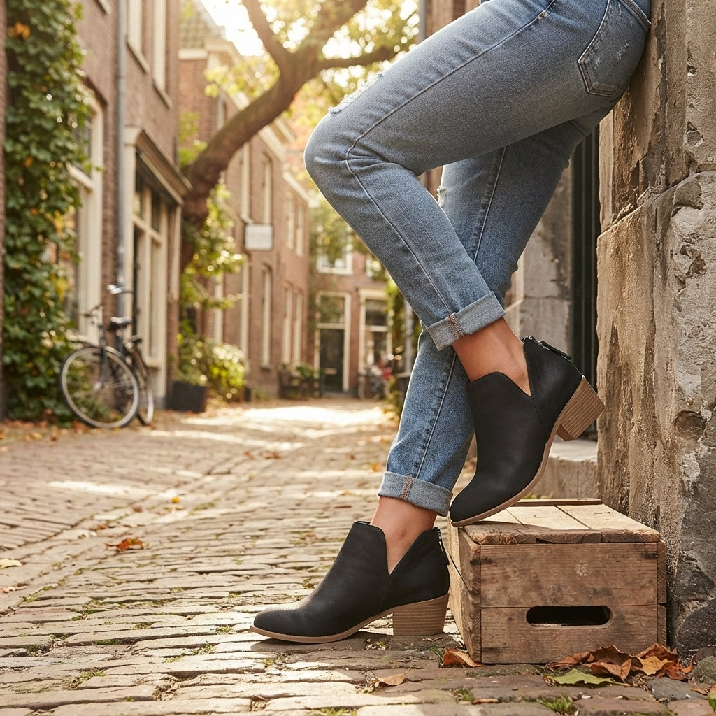 Arabella | Black Leather Low Heel Flat Ankle Boots