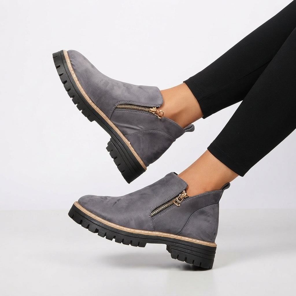 Floriane | Flat Heeled Ankle Boots in Black & Brown — Grey