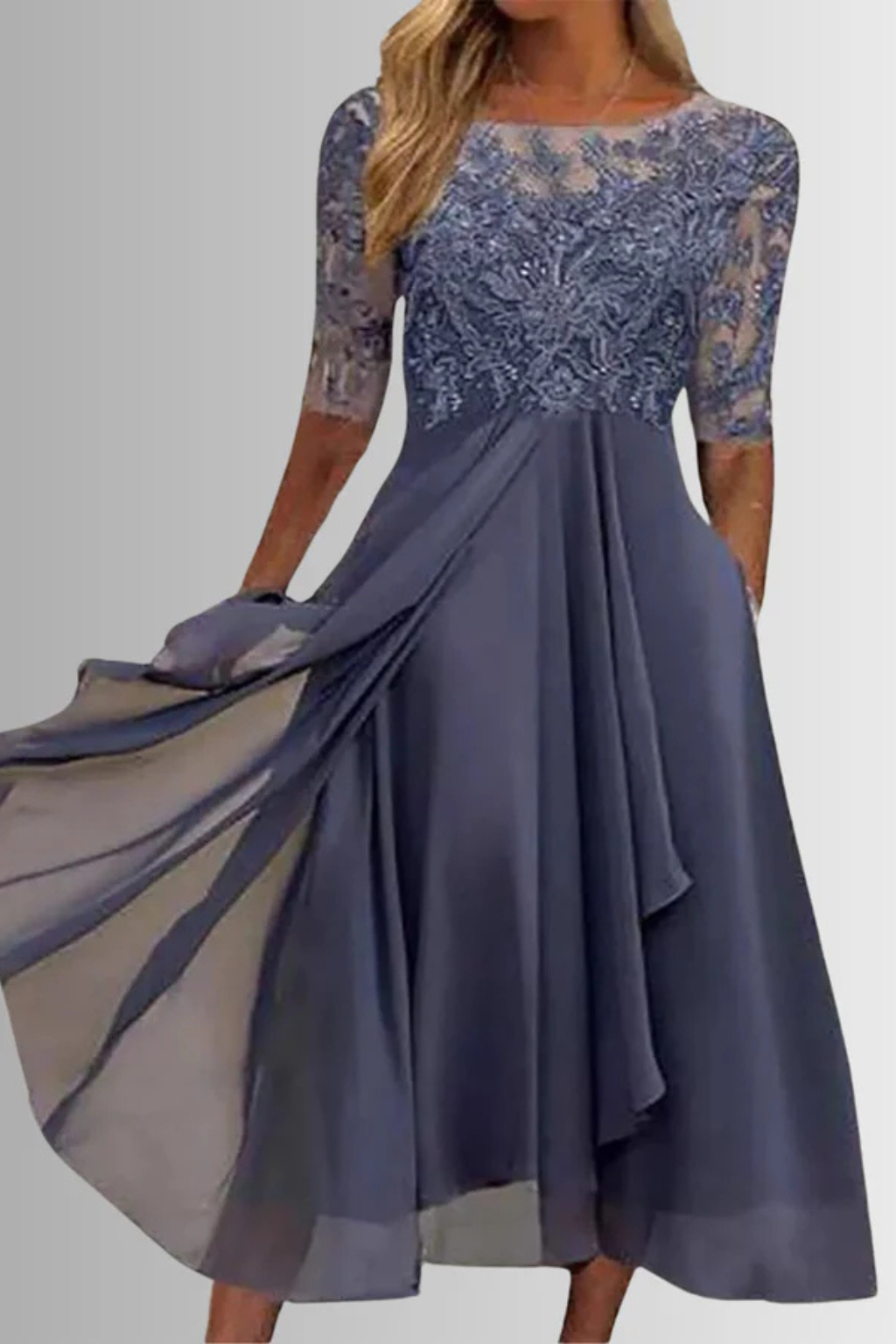 Edith | Women Long Sleeve Chiffon Midi Wedding Guest Dresses