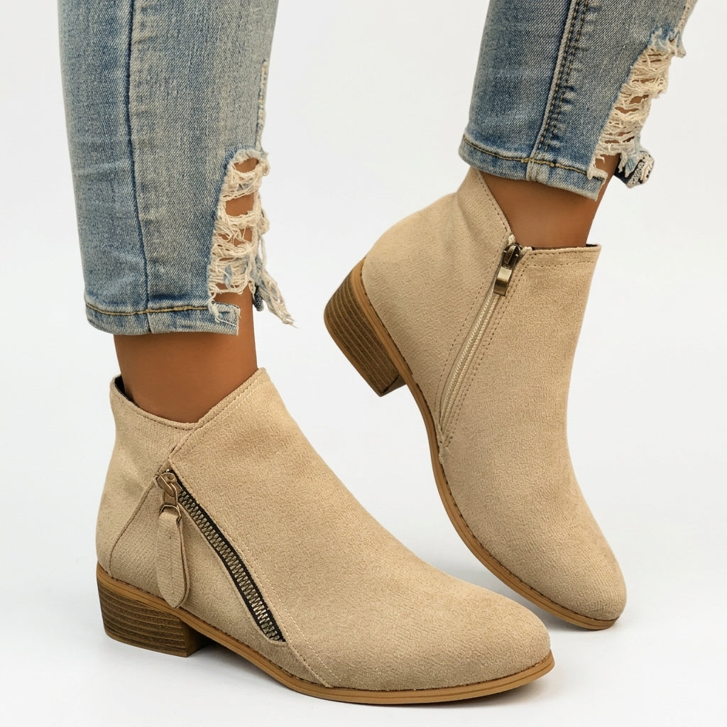Esmee | Low Heel Black Brown Leather Ankle Boots — Beige