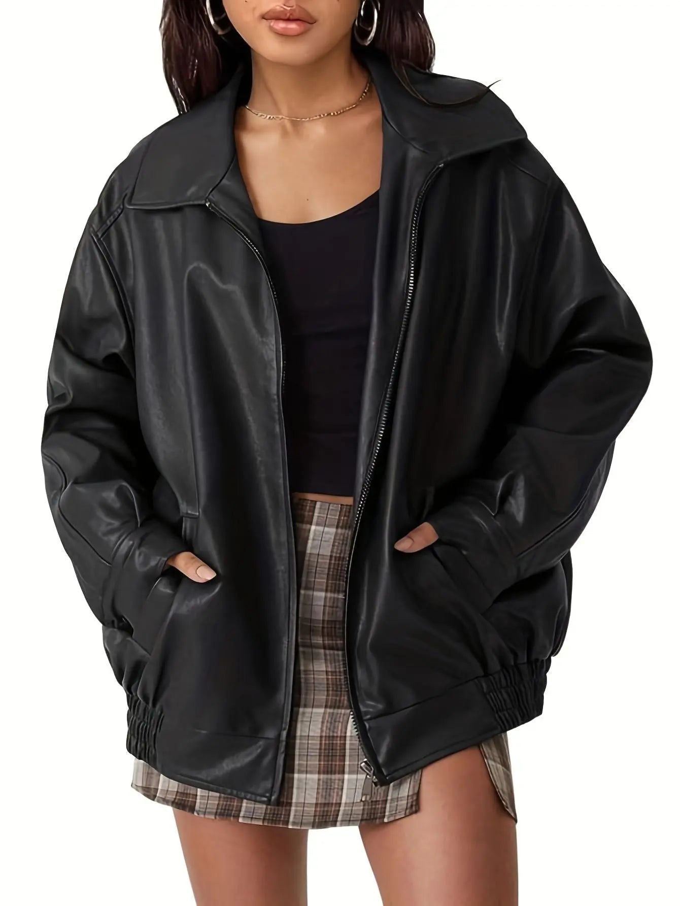 Honorine | Oversized Faux Leather Jacket in Brown Black Olive